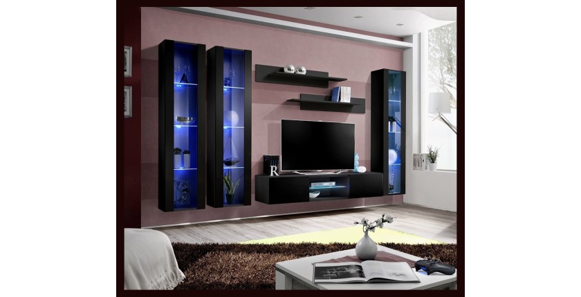 Ensemble Meuble TV FLY P2 avec LED. Coloris noir. Meubles suspendus design pour votre salon.