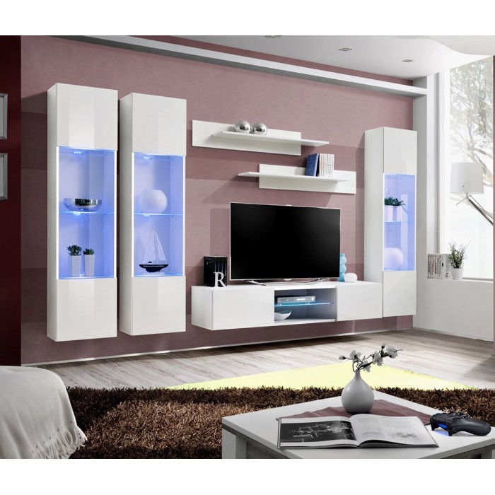 Ensemble Meuble TV FLY P3 avec LED. Coloris blanc. Meubles suspendus design pour votre salon.