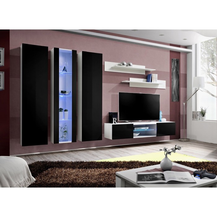 Ensemble Meuble TV FLY P4 avec LED. Coloris blanc et noir. Meubles suspendus design pour votre salon.