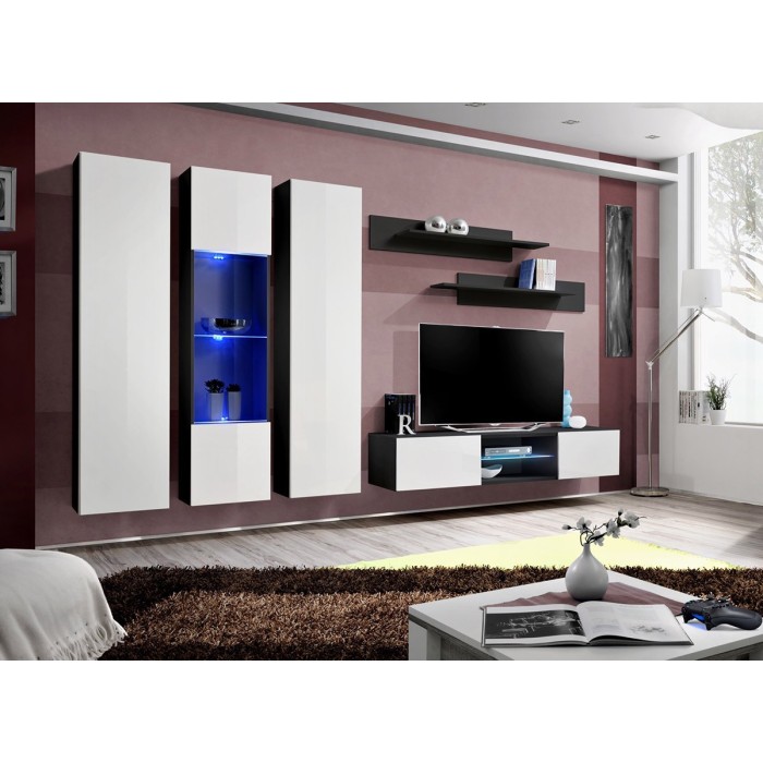 Ensemble Meuble TV FLY P5 avec LED. Coloris noir et blanc. Meubles suspendus design pour votre salon.