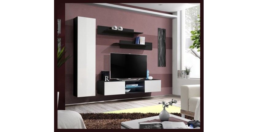Ensemble Meuble TV FLY R1 avec LED. Coloris noir et blanc. Meuble suspendu design pour votre salon.