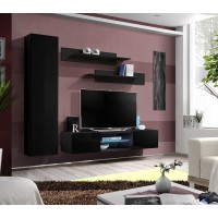 Ensemble Meuble TV FLY R1 avec LED. Coloris noir. Meuble suspendu design pour votre salon.