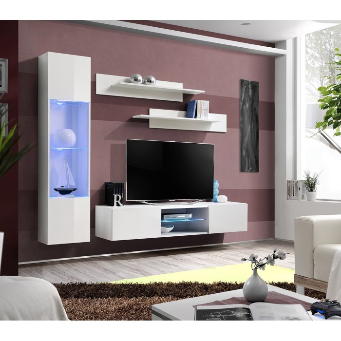 Ensemble Meuble TV FLY R3 avec LED. Coloris blanc. Meuble suspendu design pour votre salon.