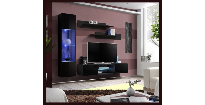 Ensemble Meuble TV FLY R3 avec LED. Coloris noir. Meuble suspendu design pour votre salon.
