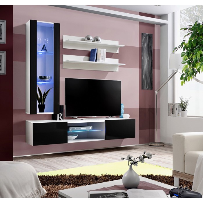 Ensemble Meuble TV FLY S2 avec LED. Coloris blanc et noir. Meuble suspendu design pour votre salon.