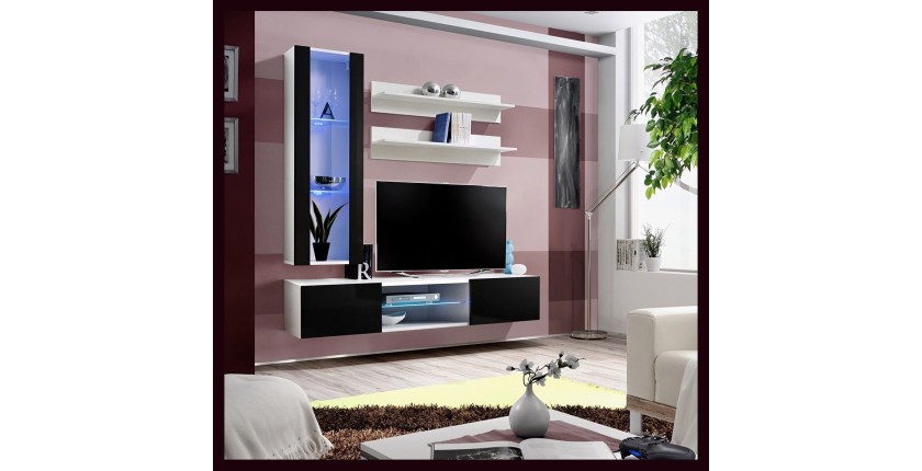 Ensemble Meuble TV FLY S2 avec LED. Coloris blanc et noir. Meuble suspendu design pour votre salon.