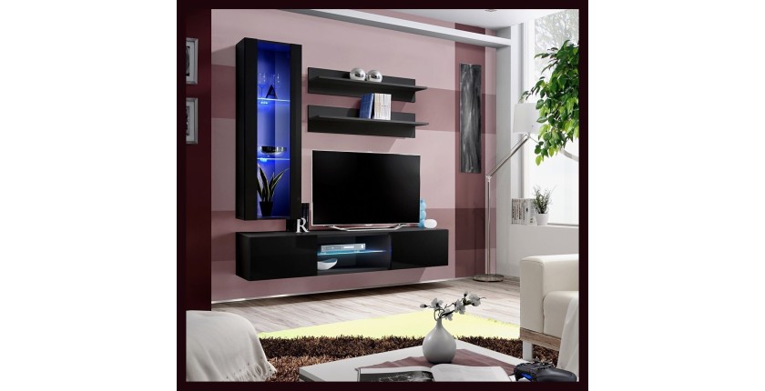 Ensemble Meuble TV FLY S2 avec LED. Coloris noir. Meuble suspendu design pour votre salon.