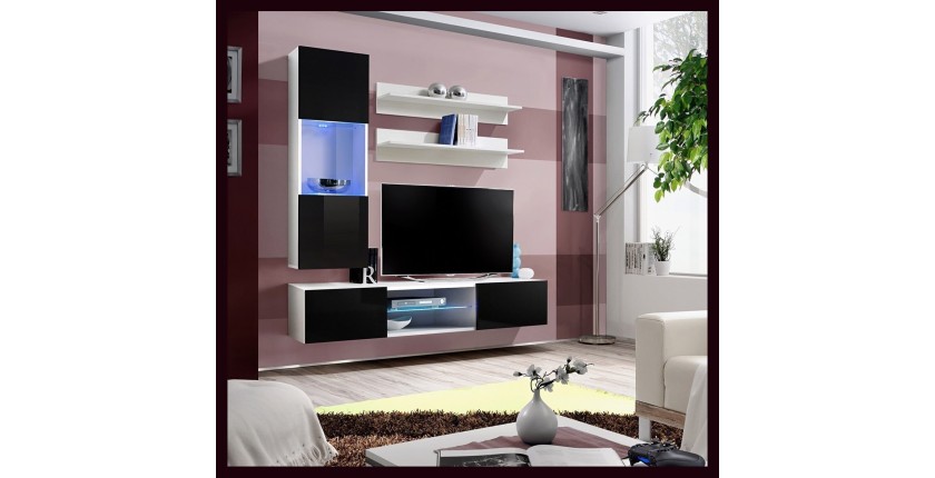 Ensemble Meuble TV FLY S3 avec LED. Coloris blanc et noir. Meuble suspendu design pour votre salon.