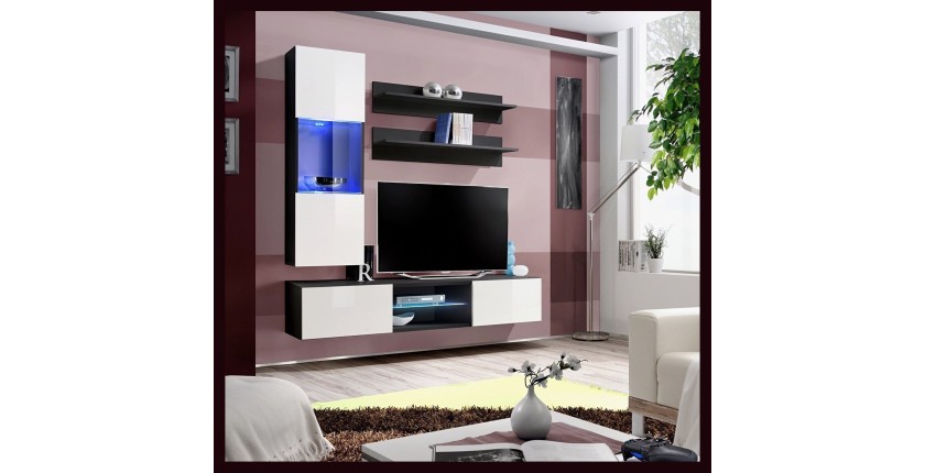 Ensemble Meuble TV FLY S3 avec LED. Coloris noir et blanc. Meuble suspendu design pour votre salon.
