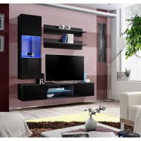 Ensemble Meuble TV FLY S3 avec LED. Coloris noir. Meuble suspendu design pour votre salon.