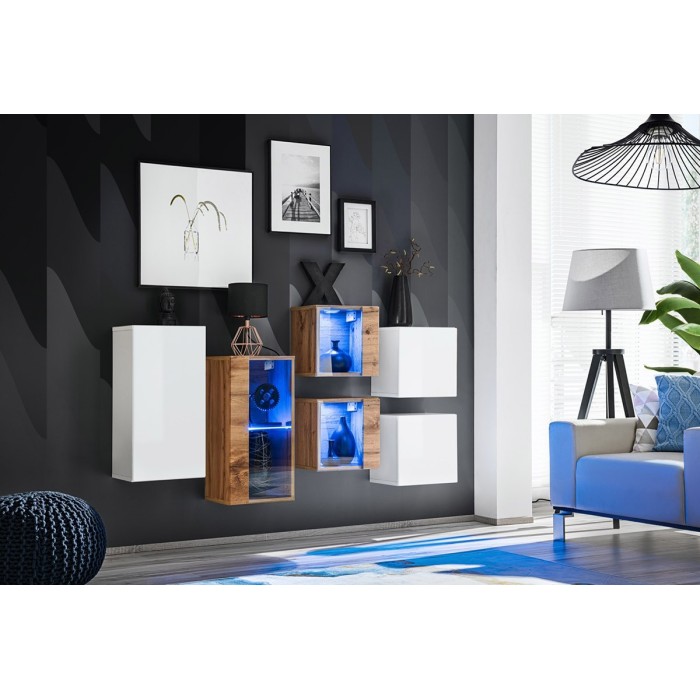 Ensemble meubles de salon SWITCH SBIV design. Coloris chêne et blanc.