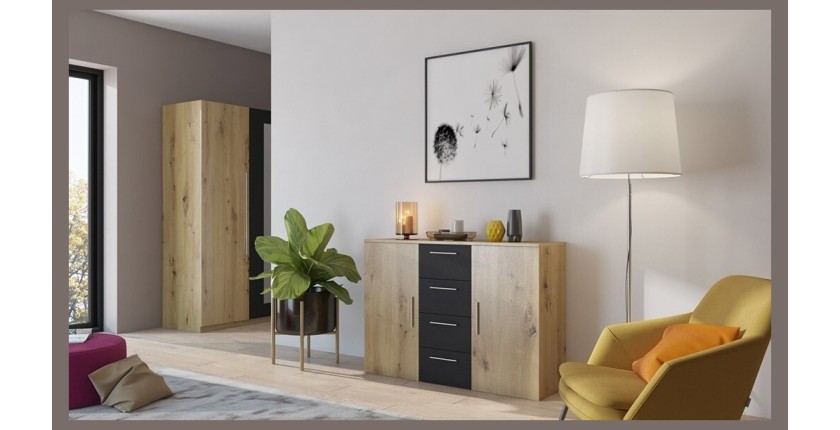 Chambre complète Irina couleur chêne et noir : Lit 180x200 cm + armoire + commode + chevets.