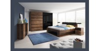 Chambre à coucher FLOYD : Armoire 200cm, Lit 160x200, commode, chevets. Couleur chêne foncé et noir brillant