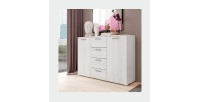 Chambre à coucher FLOYD : Armoire 220cm, Lit 140x200, commode, chevets. Coloris blanc effet bois.