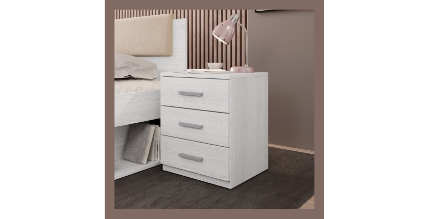 Chambre à coucher FLOYD : Armoire 200cm, Lit 180x200, commode, chevets. Coloris blanc effet bois.