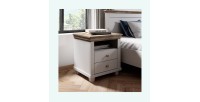 Chambre à coucher ASSIA : Armoire 150cm, Lit 180x200, commode, chevets. Coloris blanc et  chêne.