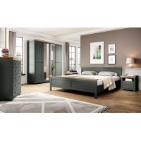 Chambre à coucher ASSIA : Armoire 200cm, Lit 160x200, commode, chevets. Coloris vert kaki et  chêne.
