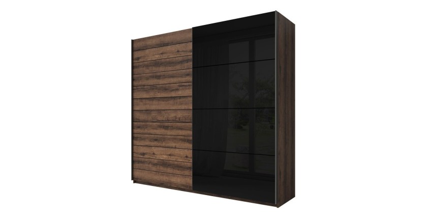 Armoire 2 portes coulissantes 200cm couleur chêne foncé et noir. Collection FLOYD