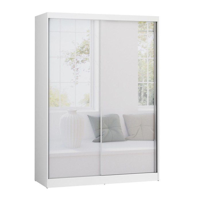 Armoire blanche 150cm avec miroirs, portes coulissantes et pack étagères. Collection BRISBANE.