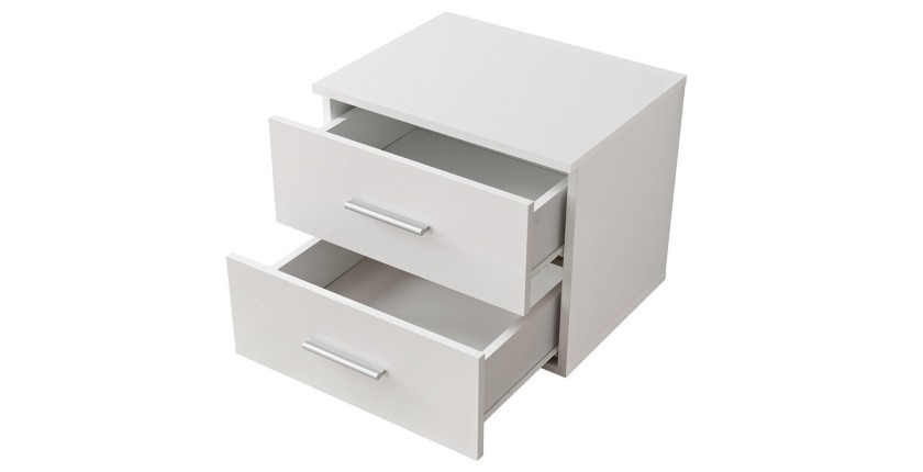 Table de chevet deux tiroirs, collection BALOS. Coloris chêne et blanc.