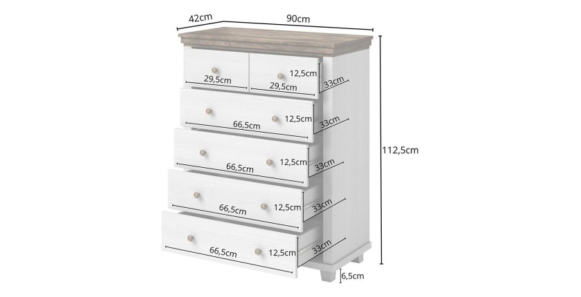 Commode XL design 6 tiroirs. Coloris blanc et chêne. Collection ASSIA