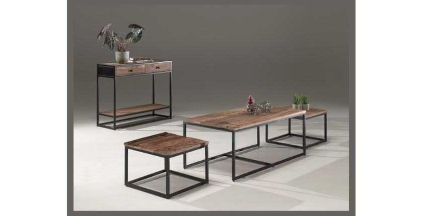 Console de salon avec tiroirs style industriel en bois massif et structure métal. Collection EBENE