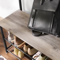 Portant collection PUSH coloris gris effet bois. Meuble d'entrée avec penderie et rangement chaussures intégrés