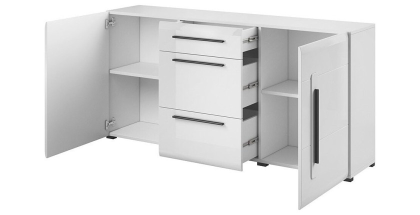 Buffet design 180cm. Collection BREDA deux portes et trois tiroirs. Coloris blanc.