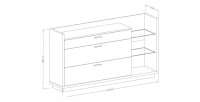 Buffet design XL 200cm. Collection CORK 3 tiroirs et étagères avec LED intégrée. Coloris gris et pin.