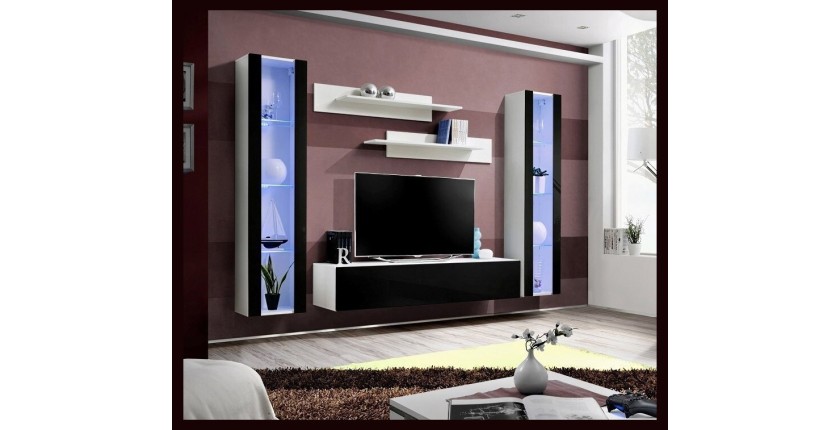 Meuble TV FLY A2 design, coloris blanc et noir brillant + LED. Meuble suspendu moderne et tendance pour votre salon.