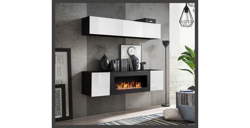 Meubles suspendus avec cheminée décorative collection FLY N1. Coloris noir et blanc