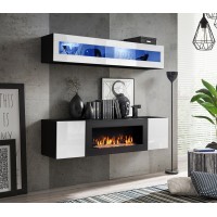 Meubles suspendus avec cheminée décorative collection FLY N2. Coloris blanc et noir.