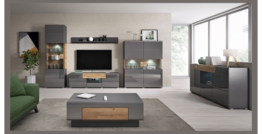 Ensemble complet de 6 meubles de salon collection OHIO. Coloris gris et effet chêne.