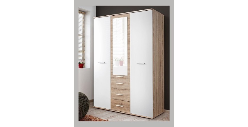 Armoire chambre d'enfant design coloris chêne et blanc avec 3 portes battantes et 3 tiroirs collection DENVER.