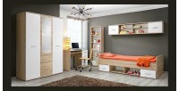 Armoire chambre d'enfant design coloris chêne et blanc avec 3 portes battantes et 3 tiroirs collection DENVER.