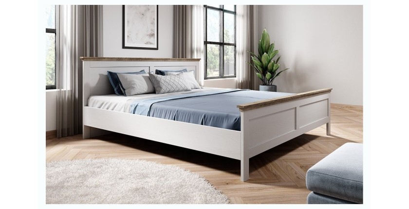 Chambre à coucher ASSIA : Armoire 150cm, Lit 160x200, commode, chevets. Coloris blanc et  chêne.
