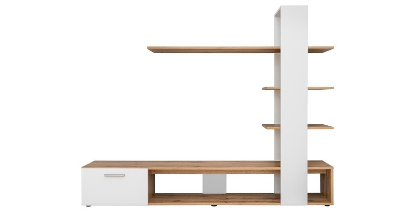 Meuble TV avec bibliothèque et étagères intégrées collection CLEO. Coloris blanc et chêne