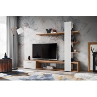 Meuble TV avec bibliothèque et étagères intégrées collection CLEO. Coloris blanc et chêne