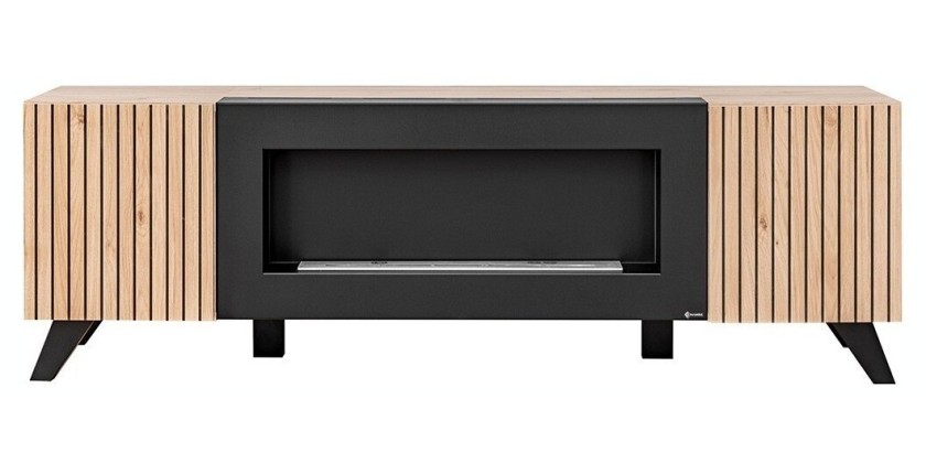 Meuble TV avec cheminée décorative coloris chêne et noir collection NIELSEN.