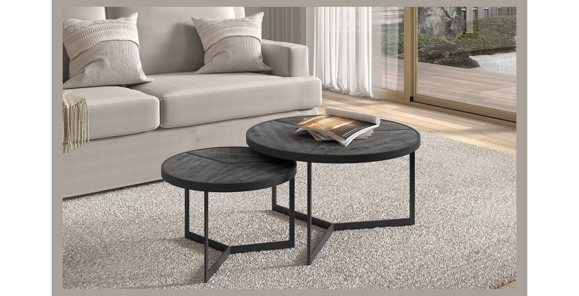 Table basse gigogne ronde en bois massif exotique. finition noir collection LAVE.