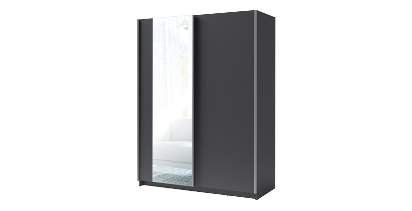 Armoire, garde robe 150cm coloris gris graphite collection GOZU. Deux portes coulissantes. Dressing complet avec miroir.