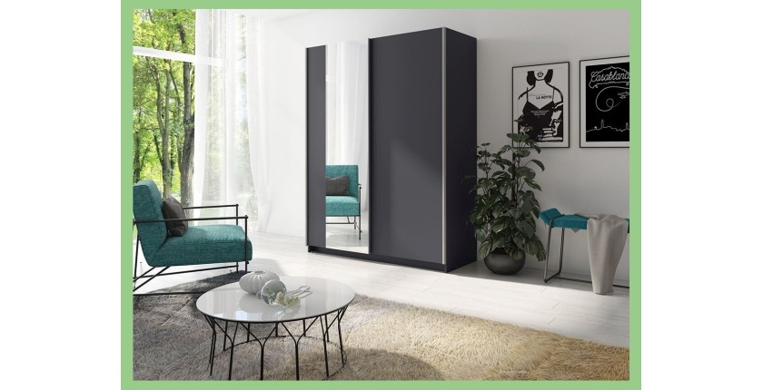 Armoire, garde robe 150cm coloris gris graphite collection GOZU. Deux portes coulissantes. Dressing complet avec miroir.