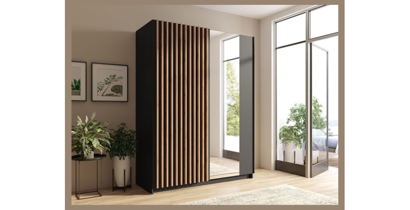 Armoire design 150cm coloris noir et chêne collection STRANO. Deux portes coulissantes. Dressing complet avec miroir.