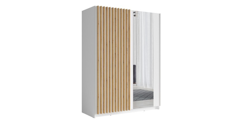 Armoire design 150cm coloris blanc et chêne collection STRANO. Deux portes coulissantes. Dressing complet avec miroir.