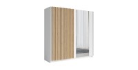 Armoire design 200cm coloris blanc et chêne collection STRANO. Deux portes coulissantes. Dressing complet avec miroir.