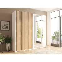 Armoire design 200cm coloris blanc et chêne collection STRANO. Deux portes coulissantes. Dressing complet avec miroir.