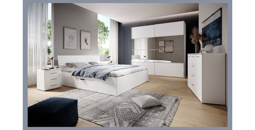 Chambre à coucher complète collection EOS : Armoire 150cm, Lit 160x200, commode, chevets. Couleur blanc mat