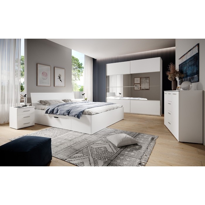 Chambre à coucher complète collection EOS : Armoire 200cm, Lit 180x200, commode, chevets. Couleur blanc mat