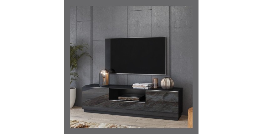 Meuble TV 180cm collection ZANTE avec 2 portes et 1 tiroir. LED incluses. Couleur noir brillant pailleté