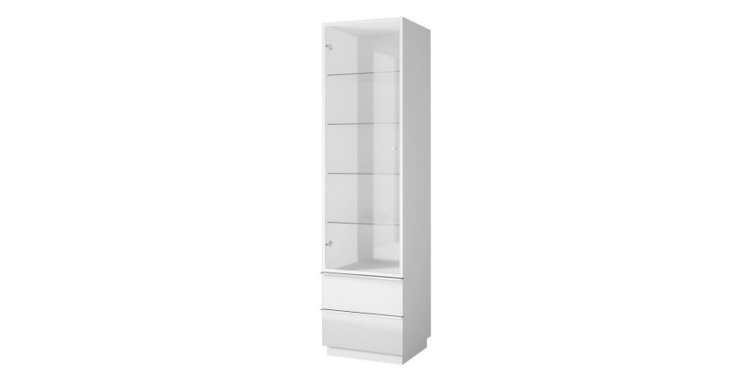 Vitrine haute, 1 porte vitrée et 2 tiroirs collection ZANTE avec LED intégrées. Coloris blanc brillant.